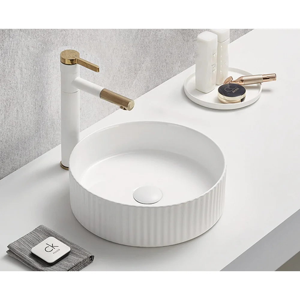 Lavoar rotund pe blat, cu riflaje 3D, alb lucios, Imperial Foglia