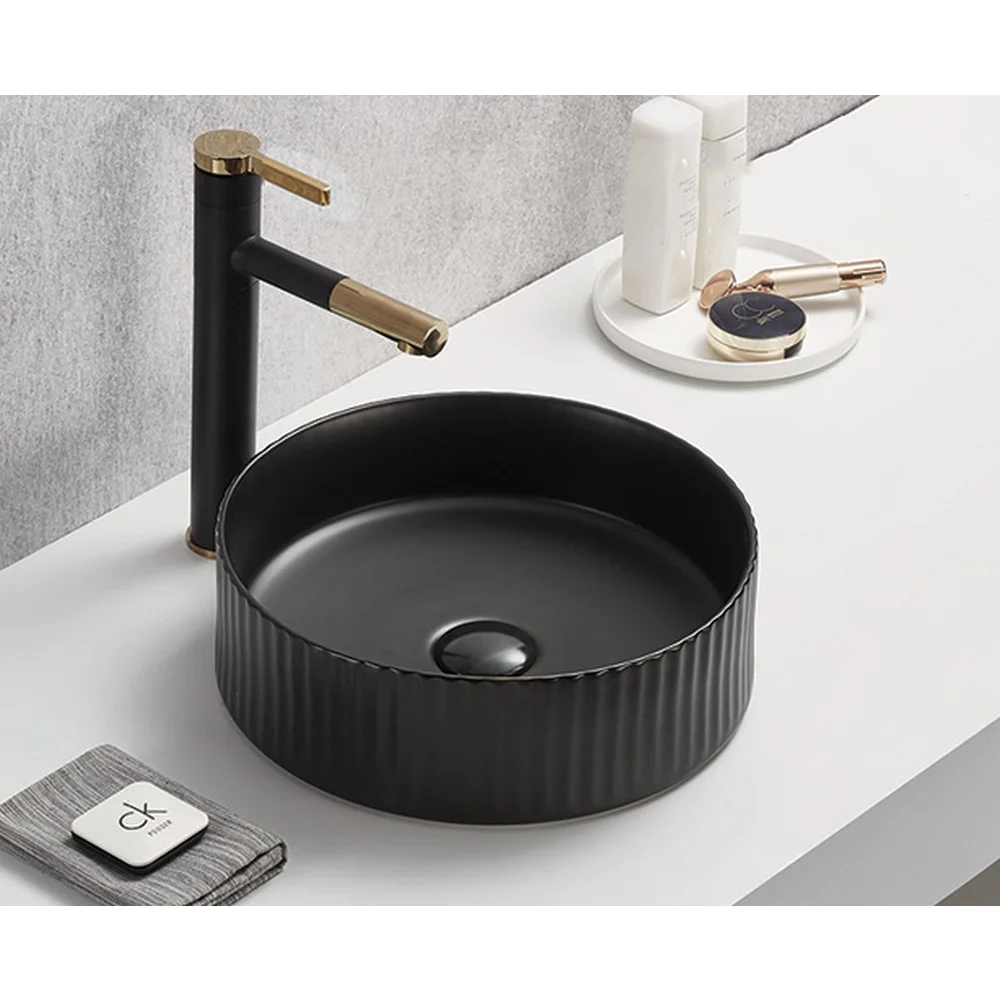 Lavoar rotund pe blat, cu riflaje 3D, negru mat Imperial Foglia