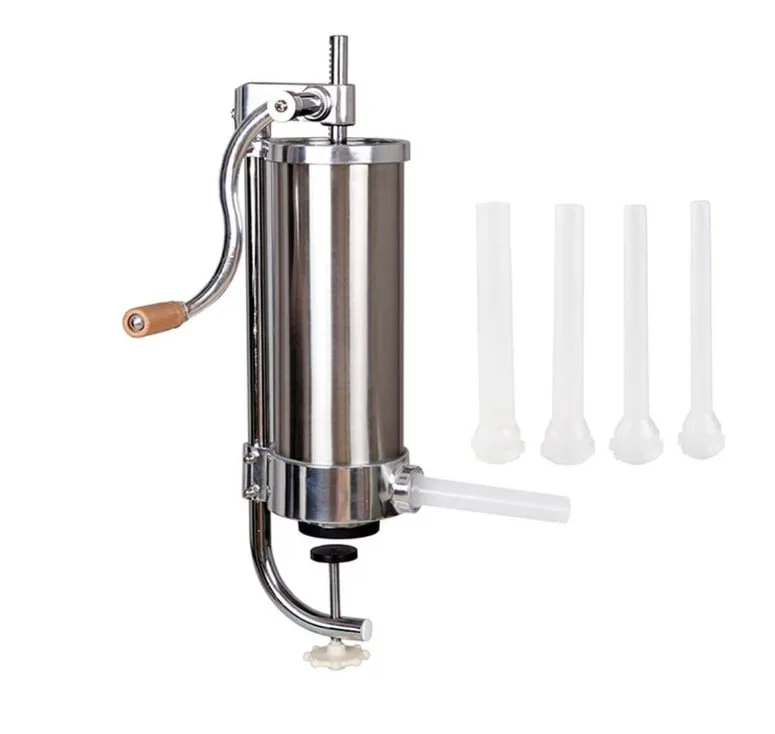 Masina de umplut carnati verticala inox 3.0 kg cu 4 palnii, maner din lemn B1202