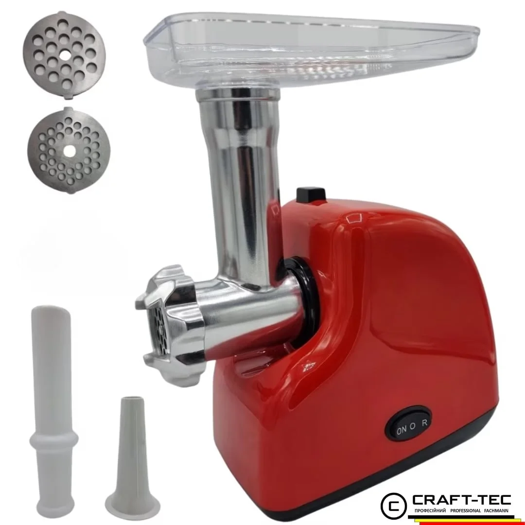 Masina tocat carne electrica 3500W, 1.2kg/min, 2 site inox, functie reverse, rosie, Craft-Tec MX714