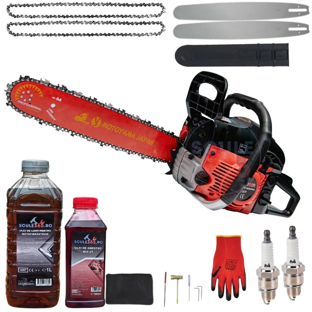 *Mega Pachet* 8.5cp Drujba benzina + 2 lanturi + 2 lame + ulei ungere lant 1L + ulei amestec 0.5L + 2 bujii + accesorii MOTOYAMA JAPAN