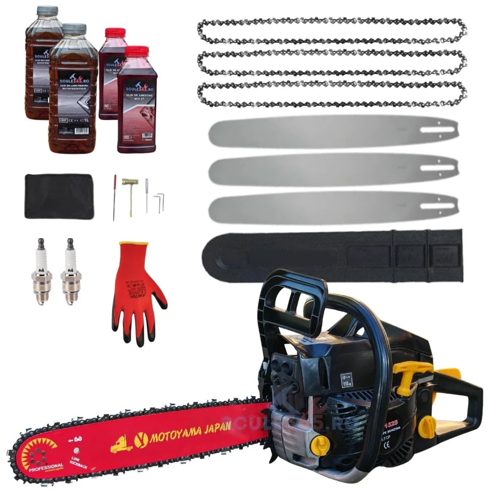 *MEGA Pachet* 8.5cp Drujba benzina + 3 lanturi + 3 lame + x2 ulei ungere lant 1L + x2 ulei amestec 0.5L + x2 bujii + accesorii + manusi protectie, MOTOYAMA JAPAN CMP1625
