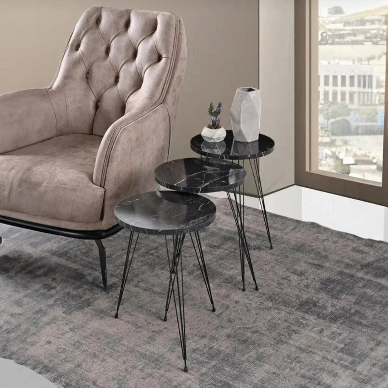 Mese laterale Wakmi set 3 piese marmura neagra - metal negru