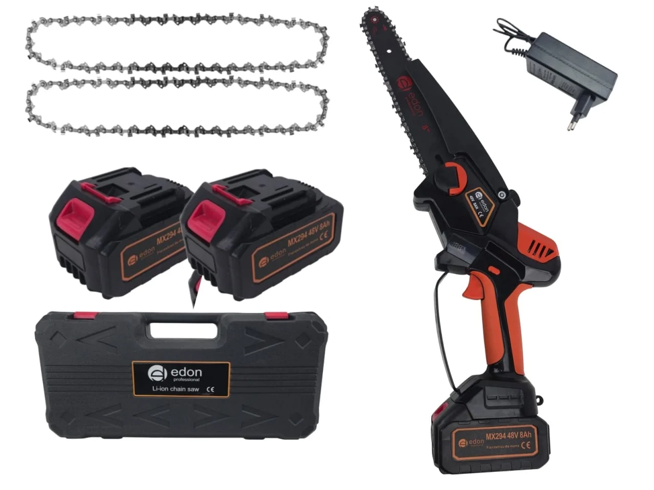 Mini Drujba Electrica cu 2 acumulatori 48V, Lamă + 2 Lanțuri, 200mm, 8", ungere automata Edon MX294