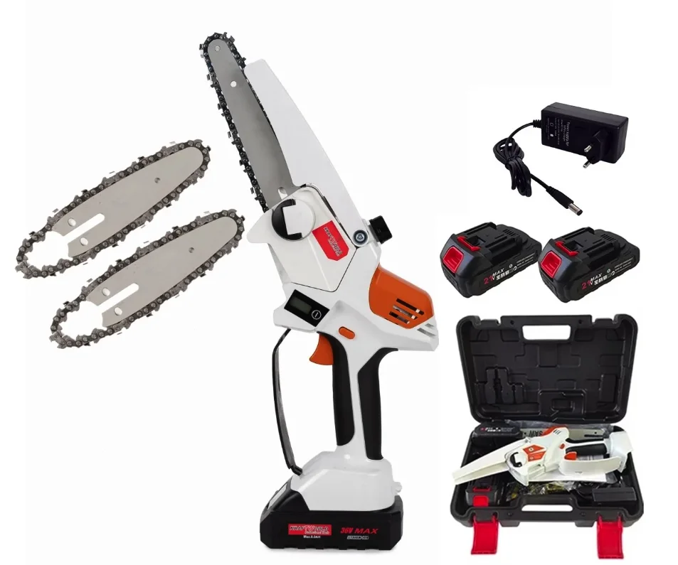 Mini fierastrau Edon MX294 Profesional 2 acumulatori 42 V 8Ah rezervor ulei sistem ungere lant lama 20 cm NEGRU CU PORTOCALIU