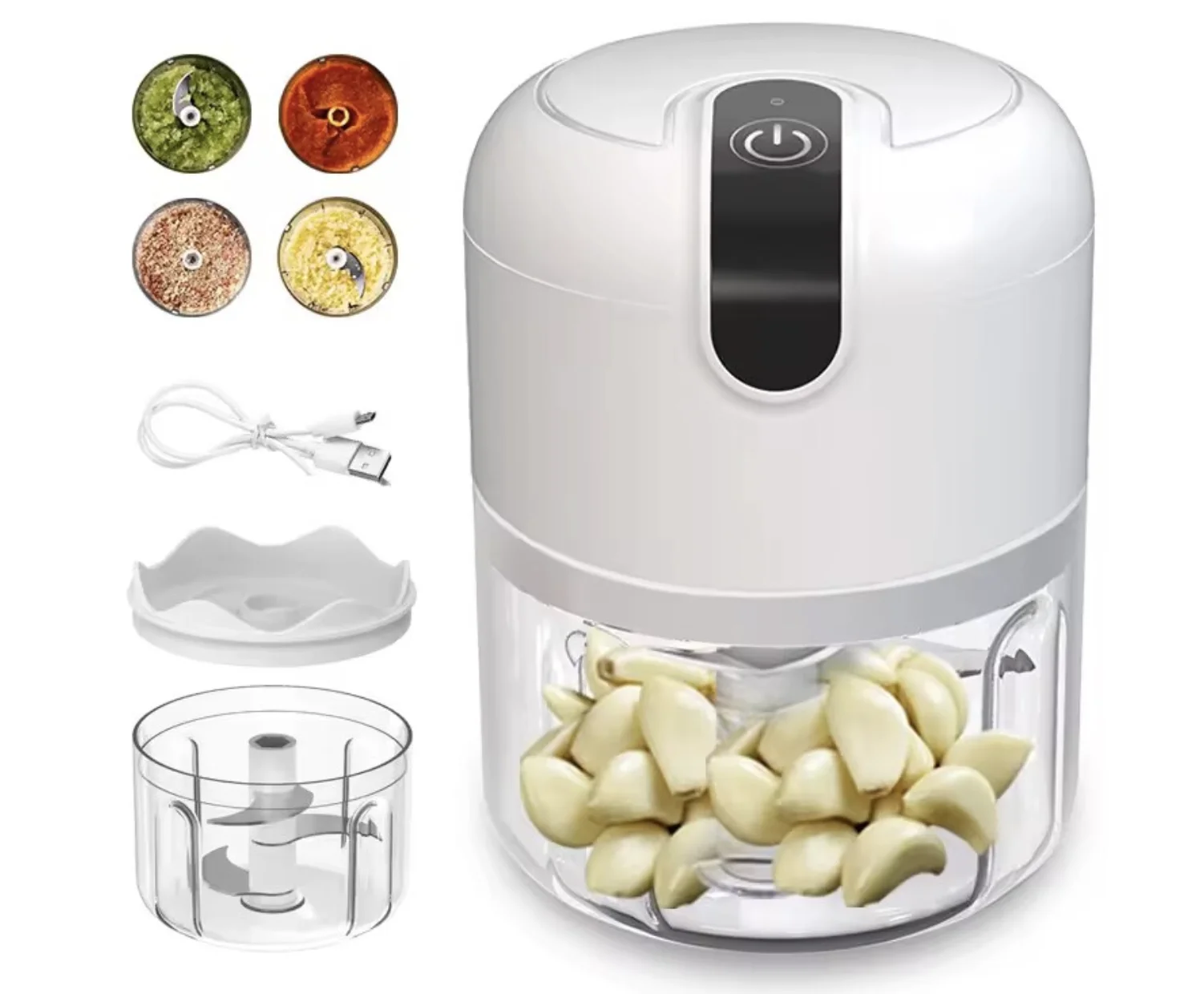 Mini tocator electric de bucatarie incarcare USB 250ml cu 3 lame Alb