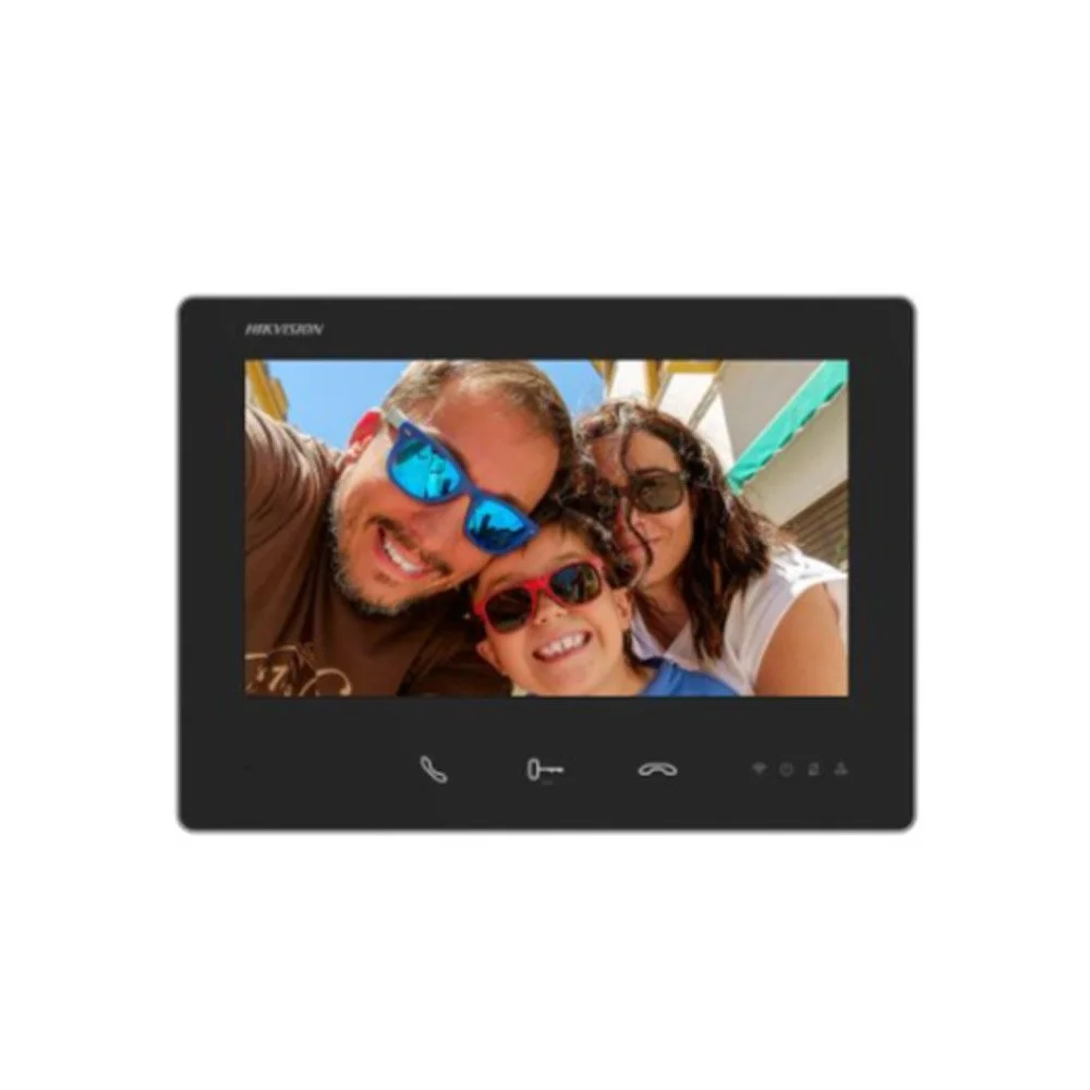Monitor interior videointerfon Hikvision DS-KH7300EY-WTE2, 7 inch, touchscreen, Wi-Fi, 2 fire, control de pe telefon, slot card, montaj aplicat, negru