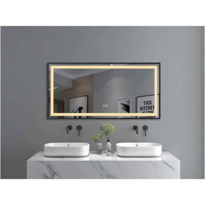 Oglinda baie cu iluminare LED 3 culori, intrerupator Touch, ceas, functie dezaburire, 120x60 cm, rama aluminiu neagra, Belform Infinity