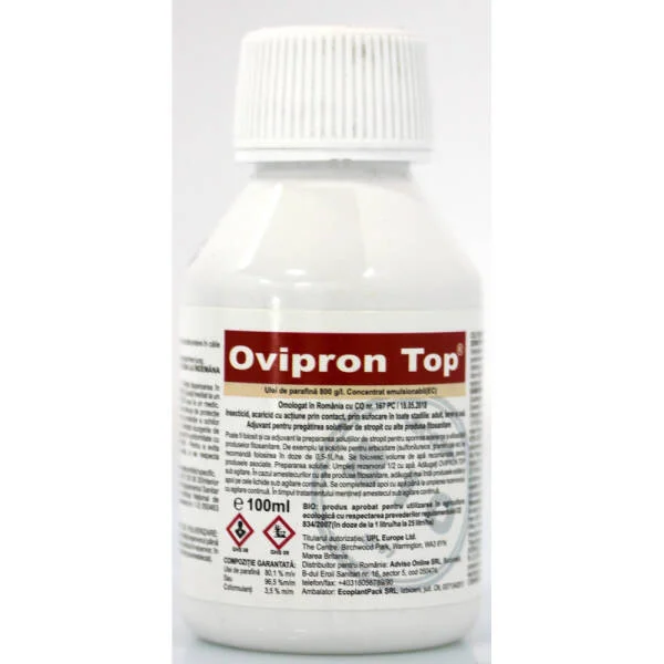 Ovipron Top 100 ml ulei horticol cu efect insecticid acaricid de contact, ulei de parafina, UPL (cais, cires, mar, nectarin, par, piersic, prun, vita de vie)