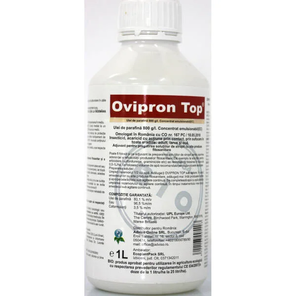 Ovipron Top 1L ulei horticol cu efect insecticid acaricid de contact, ulei de parafina, UPL (cais, cires, mar, nectarin, par, piersic, prun, vita de vie)