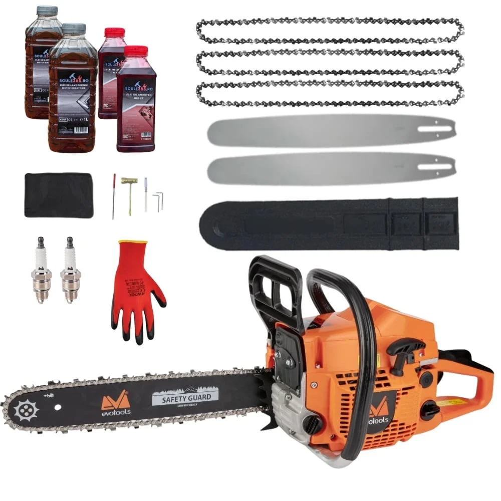 *PACHET* 55cmc Drujba benzina + 3 lanturi + 2 lame + x2 ulei ungere lant 1L + x2 ulei amestec 0.5L + x2 bujii + accesorii + manusi protectie, Evotools PROFFESIONAL 682858