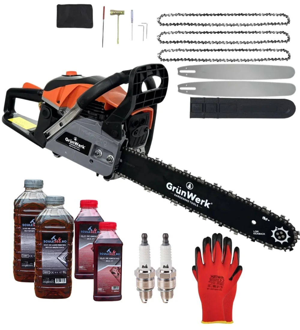 *PACHET* 8.5cp 58cmc Drujba benzina + 3 lanturi + 2 lame + x2 ulei ungere lant 1L + x2 ulei amestec 0.5L + x2 bujii + accesorii + manusi protectie, GrunWERK GERMANY