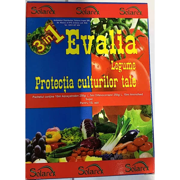 Pachet Evalia Legume pt 10L apa, Solarex, contine fungicid (Evalia+ Difcor) si ingrasamant foliar (Aminofeed Super) pentru legume, mar, par, gutui, piersic, cais, prun, leguminoase, rapita, arbori ornamentali