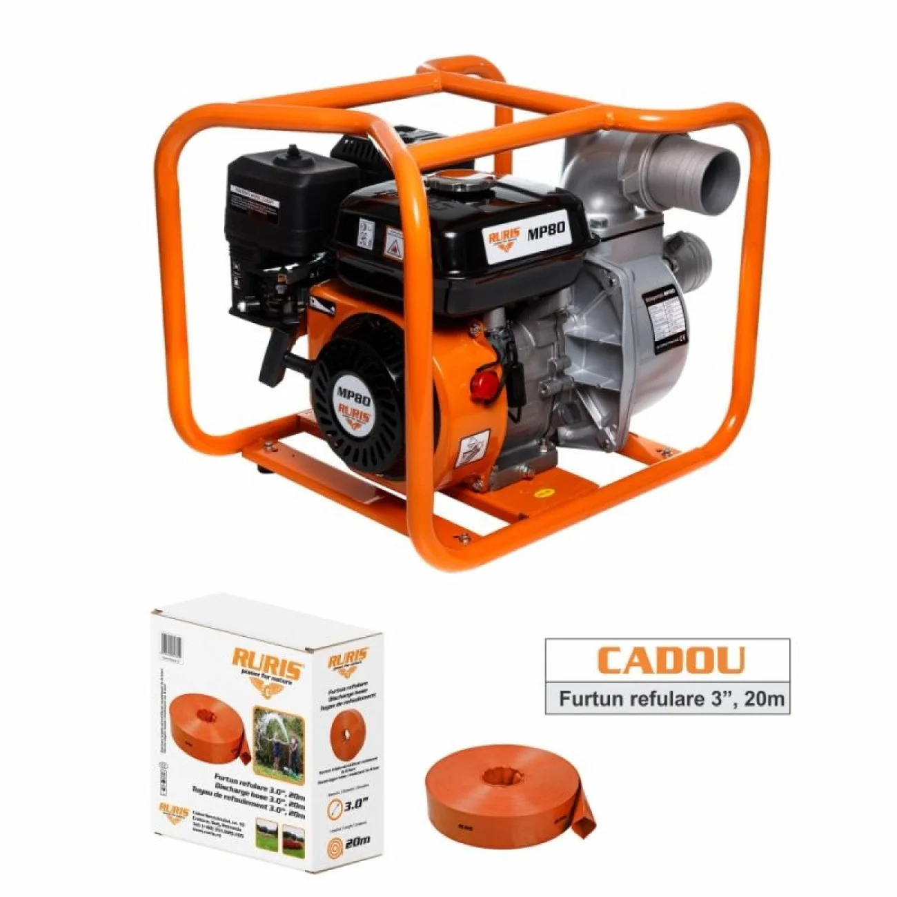 Pachet Motopompa Apa 3 Toli Ruris MP80, 48 m3/h, H Refulare 19 m + Furtun refulare 3 Toli 20 m