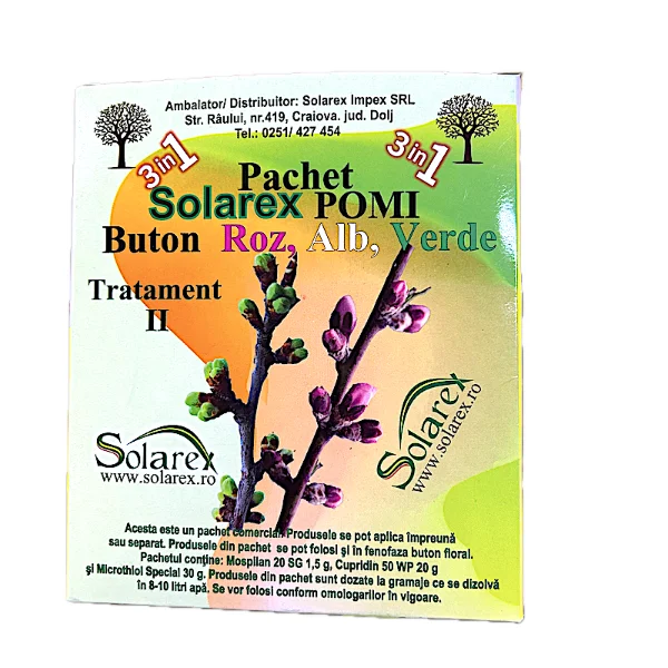Pachet stropirea 2 (buton roz, alb, verde), pentru pomi pentru 10 L apa, Solarex, (contine Mospilan, Cupridin, Microthiol Special)