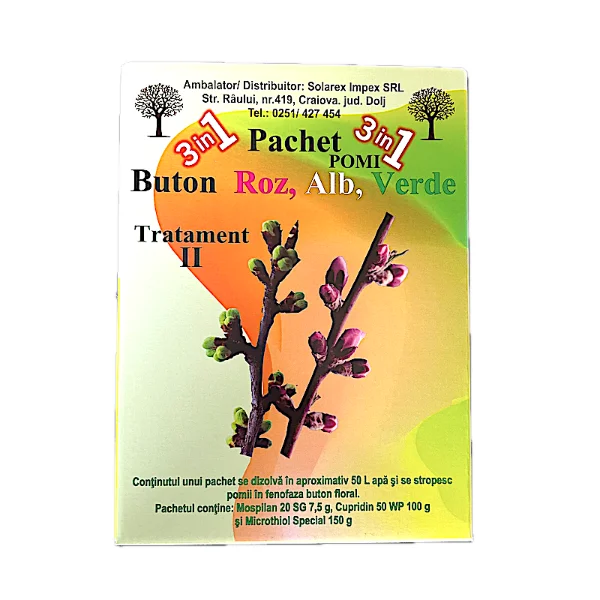 Pachet stropirea 2 (buton roz, alb, verde), pentru pomi pentru 50 L apa, Solarex, (contine Mospilan, Cupridin, Microthiol Special)