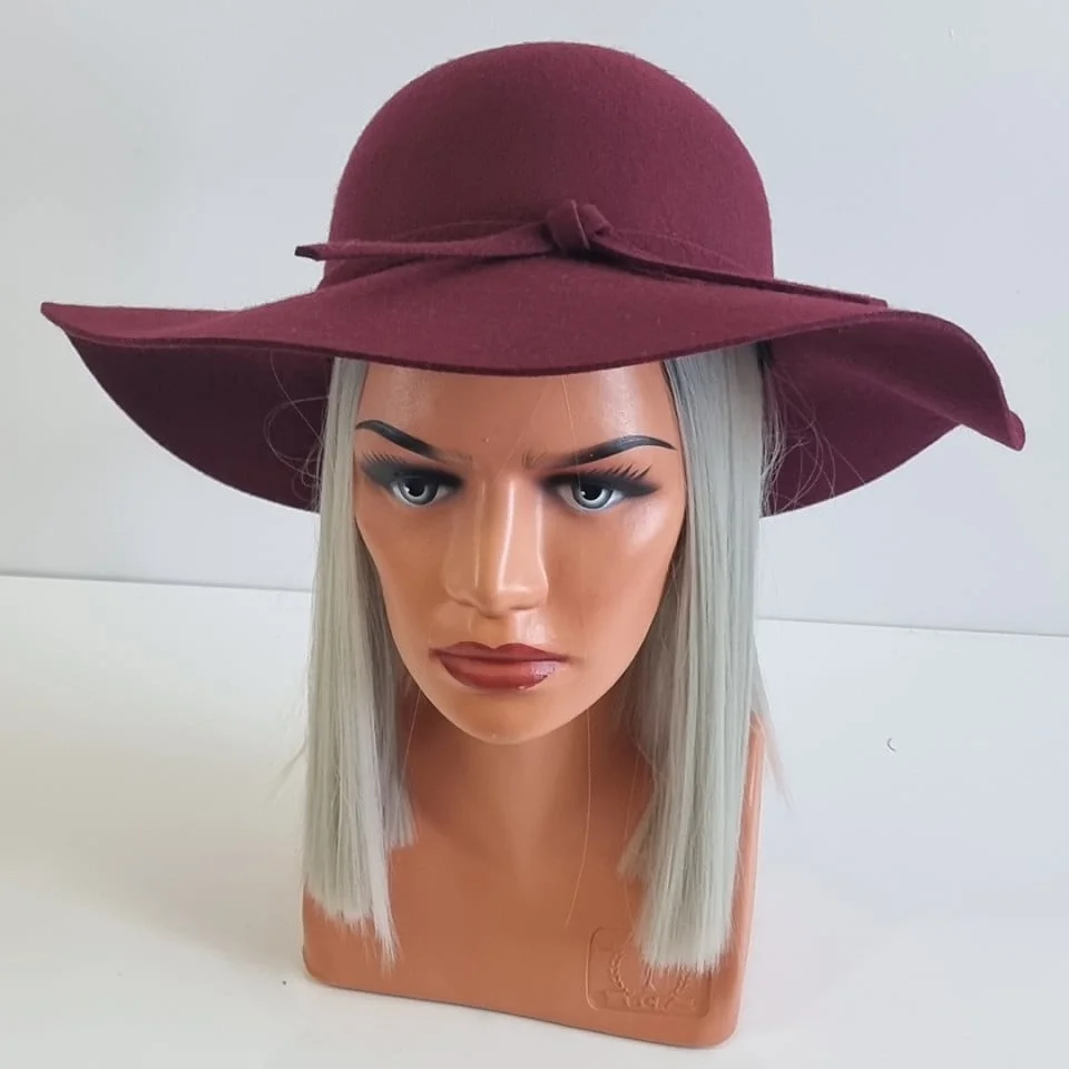 Palarie dama Vintage, cu bor lat si fundita, Burgundy