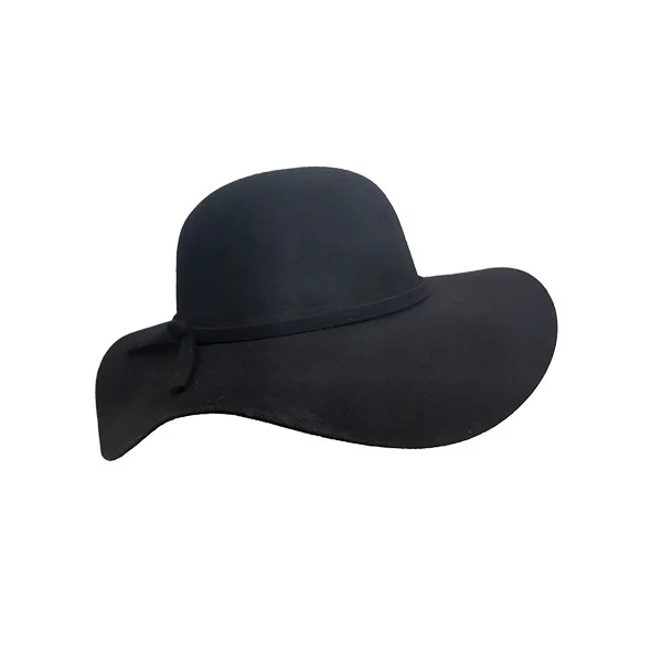 Palarie dama Vintage, cu bor lat si fundita, Negru