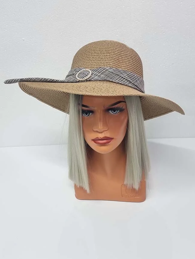 Palarie de plaja Celia cu banderola in doua culori, bej