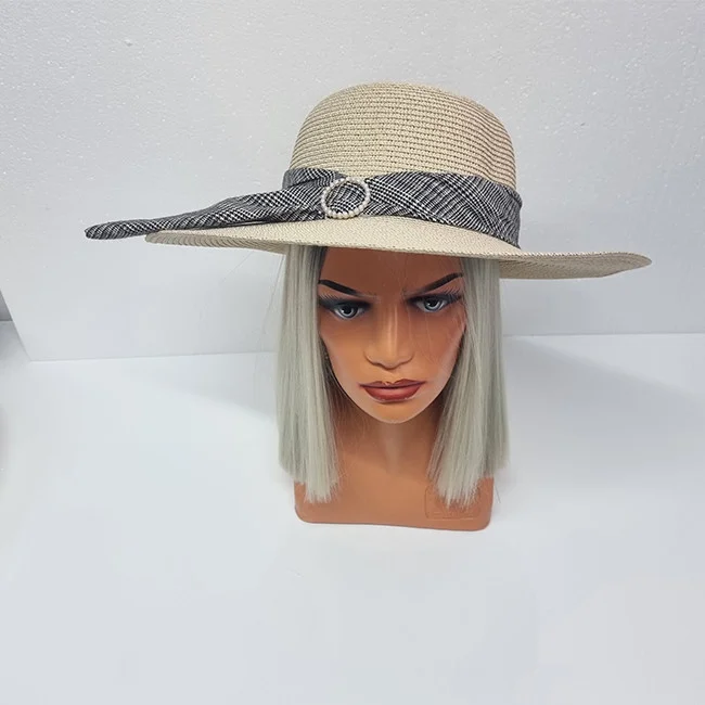 Palarie de plaja Celia cu banderola in doua culori, crem