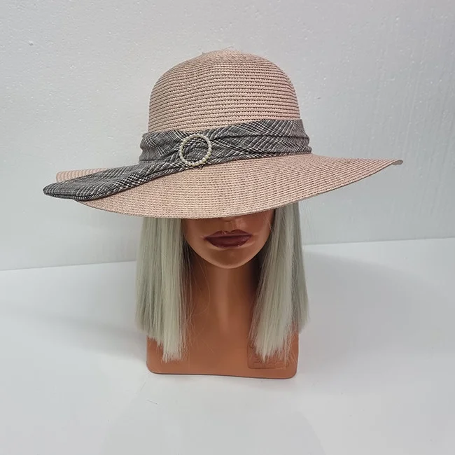 Palarie de plaja Celia cu banderola in doua culori, roz pal