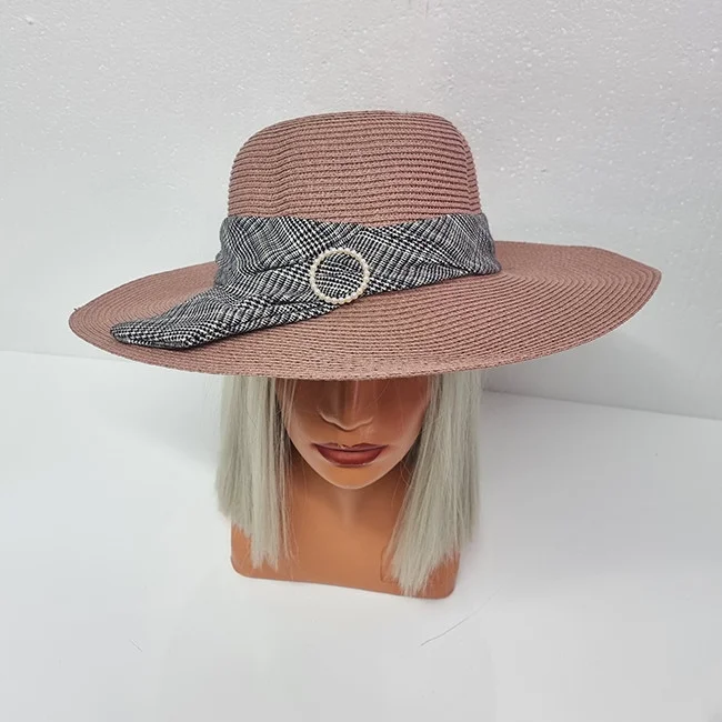 Palarie de plaja Celia cu banderola in doua culori, roz