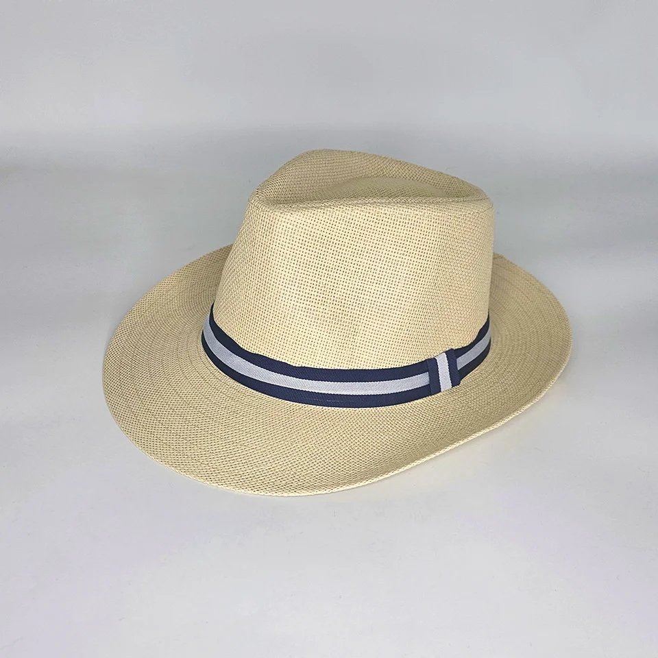 Palarie de plaja Khay, din paie, panglica bleumarin, calota inalta si bor asimetric, Crem