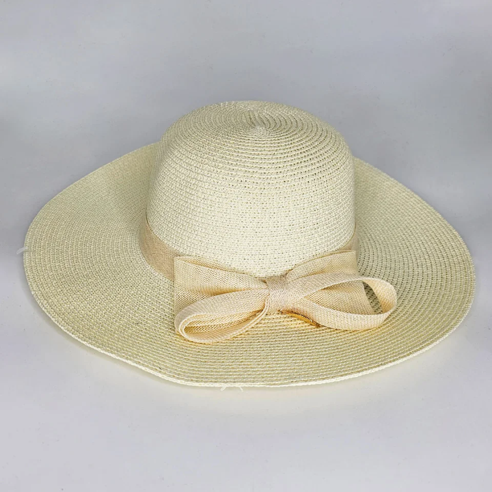 Palarie de plaja Leaflet, din paie, cu fundita din iuta si frunza decorativa, Crem