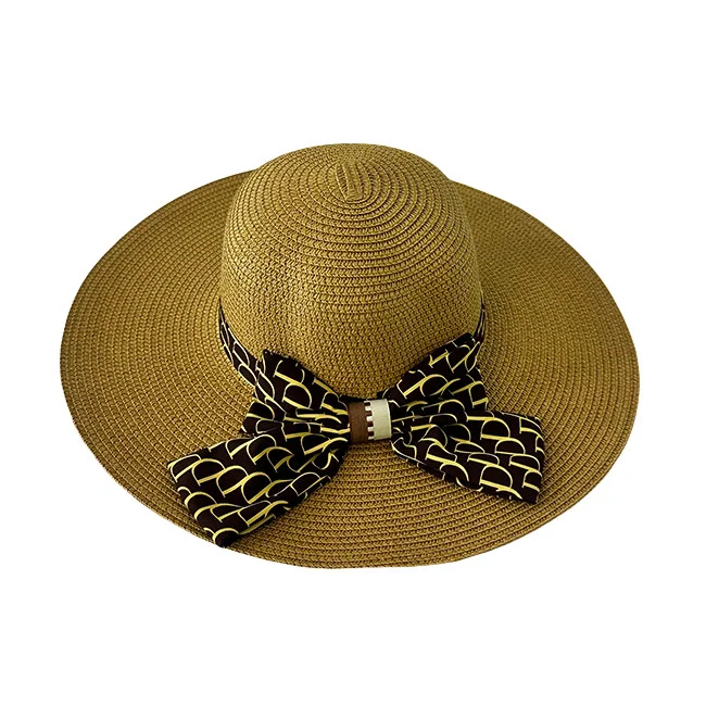 Palarie de plaja pentru femei, Happy, din paie cu funda, Bej