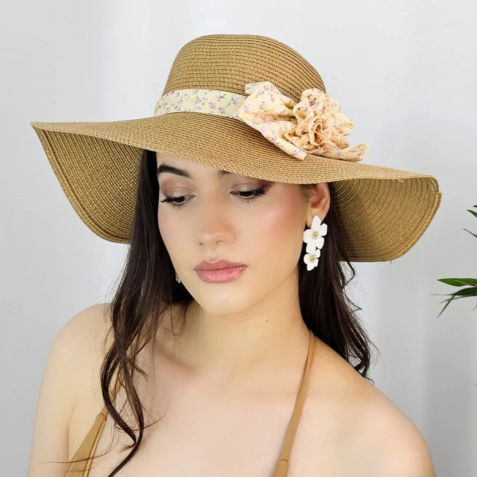 Palarie de plaja Ribbon Flower, din paie, panglica cu imprimeu si floare decorativa, Bej