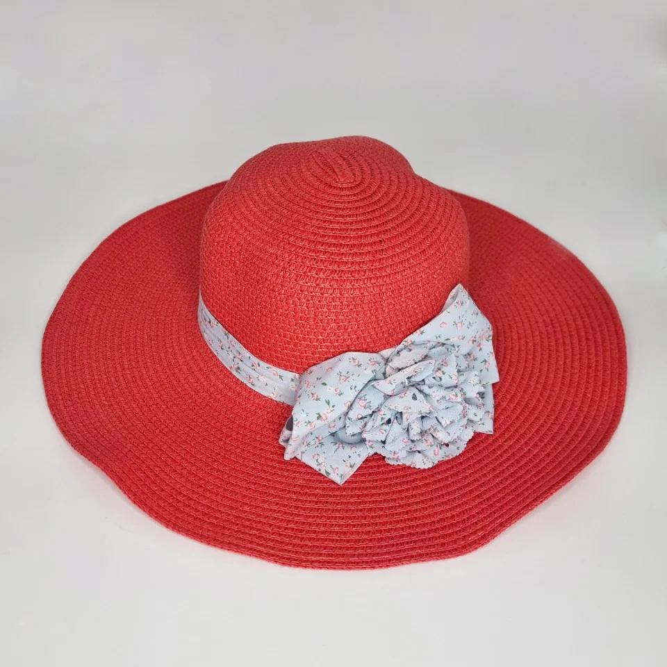 Palarie de plaja Ribbon Flower, din paie, panglica cu imprimeu si floare decorativa, Rosu