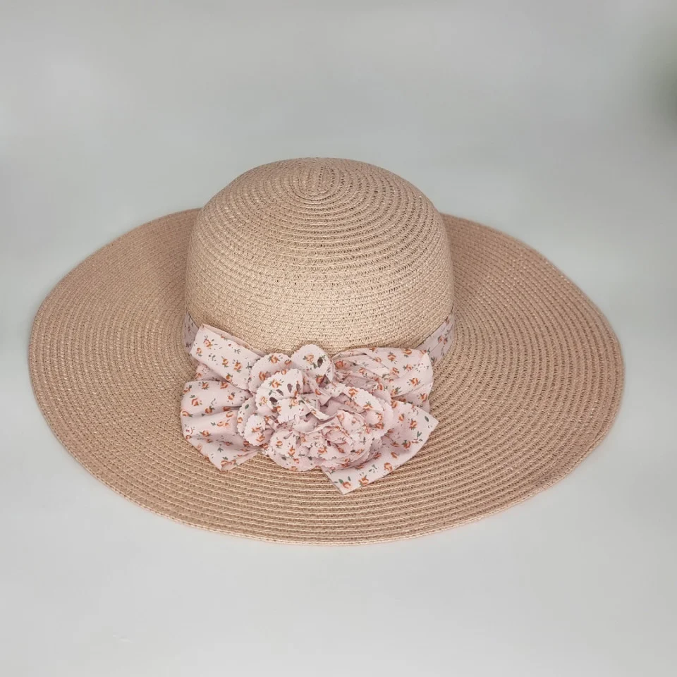 Palarie de plaja Ribbon Flower, din paie, panglica cu imprimeu si floare decorativa, Roz pal