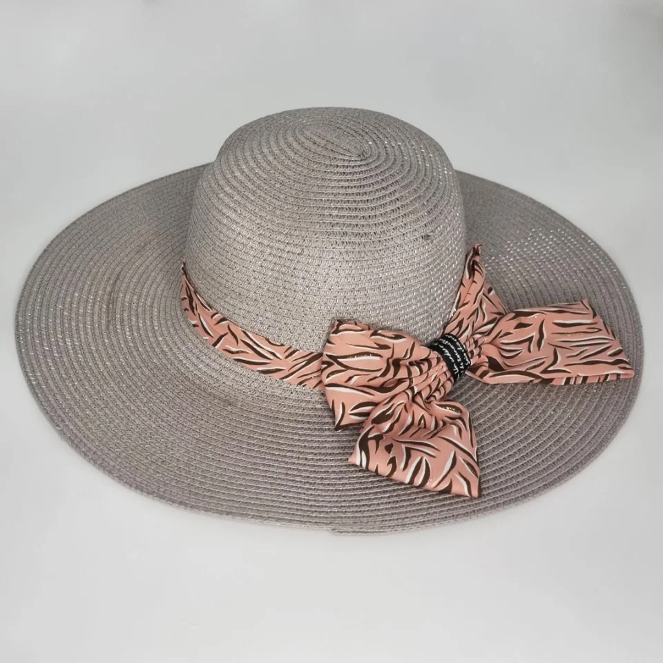 Palarie de plaja Teri, din paie, cu fundita cu imprimeu, crem si bor lat, Gri