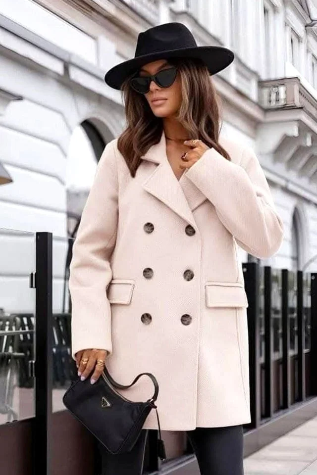 Palton de dama Adriana, cu nasturi si buzunare decorative, Crem, Marime S/M/L