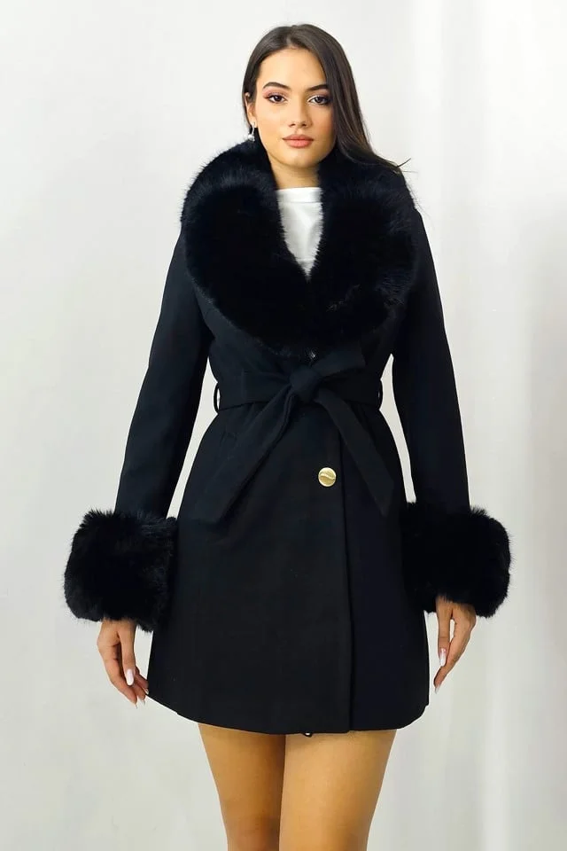 Palton din lana Beluci, cu guler si mansete din blana detasabile si cordon in talie, Negru