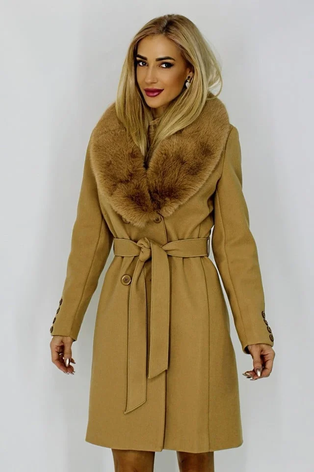 Palton din lana Exclusive, cu guler din blana si cordon in talie, Bej