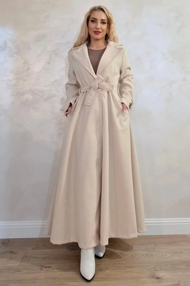 Palton lung cu nasturi Merina, falduri si cordon, Crem, Marime S/M/L