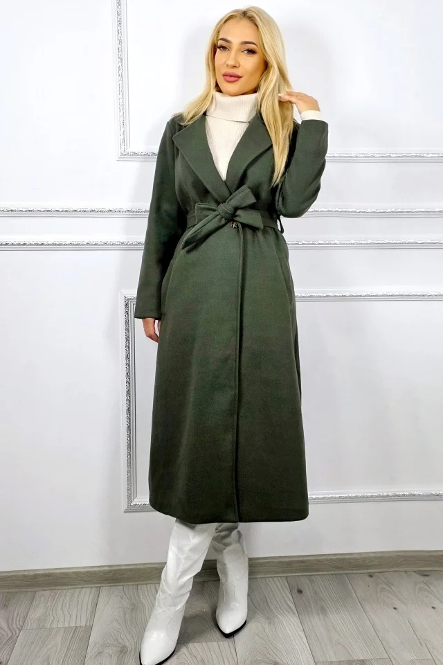 Palton lung de dama Camilla, inchidere cu nasturi si cordon, Verde, Marime S/M