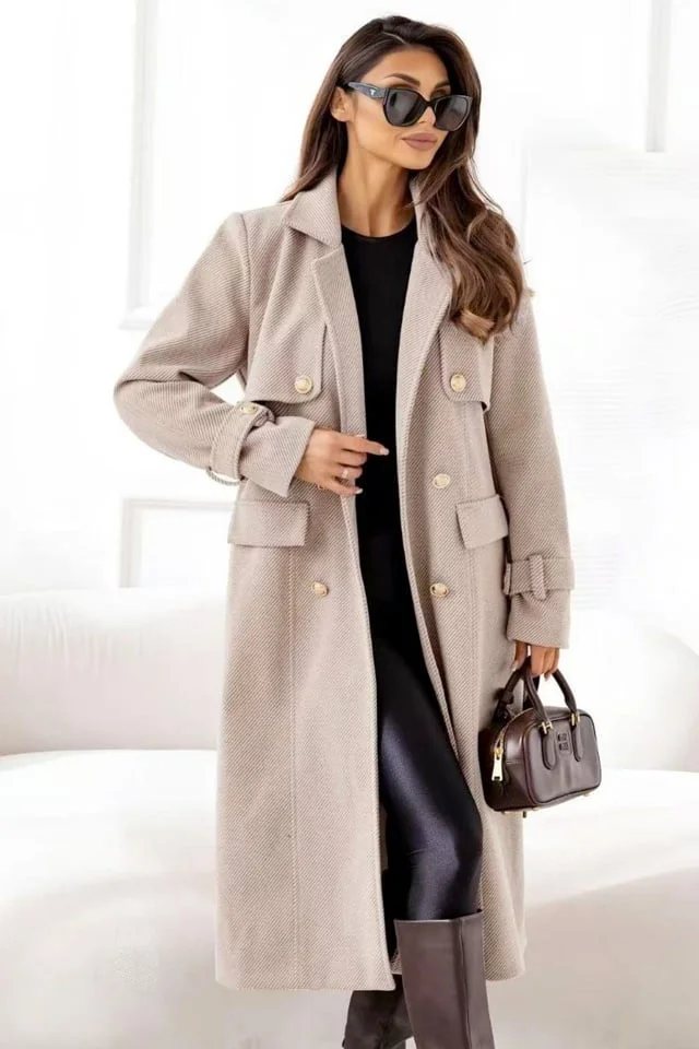 Palton lung, de stofa, rib VITTORIA cu cordon asortat, Crem, Marime S/M