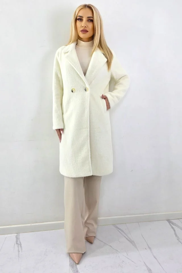 Palton plusat texturat SELVYA, cu nasturi si revere, Alb unt