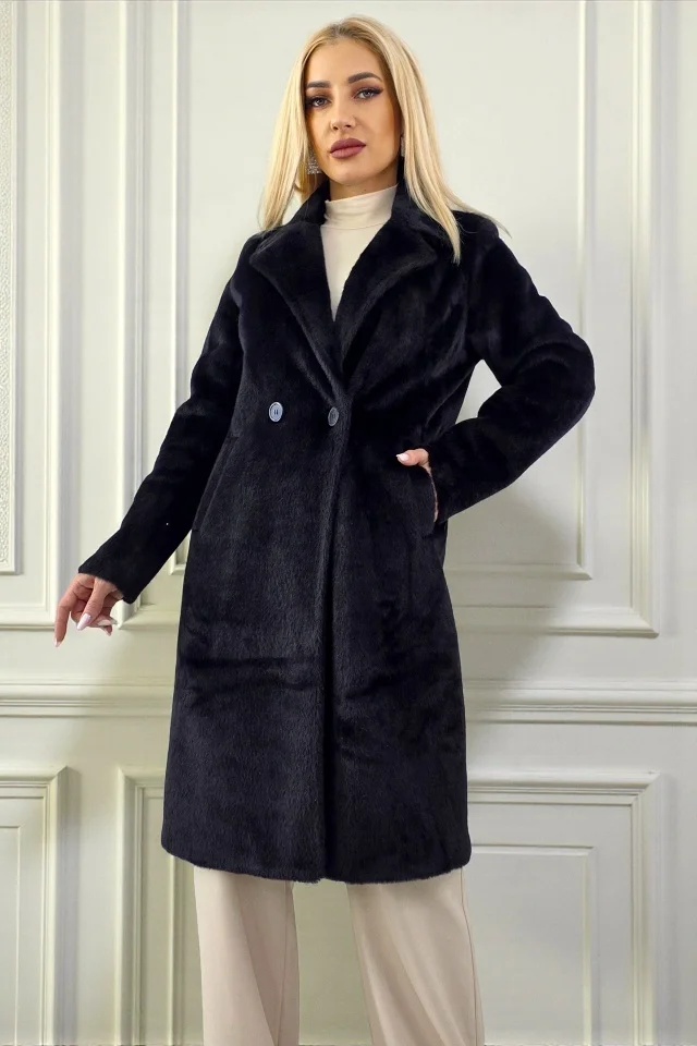 Palton plusat texturat SELVYA, cu nasturi si revere, Negru