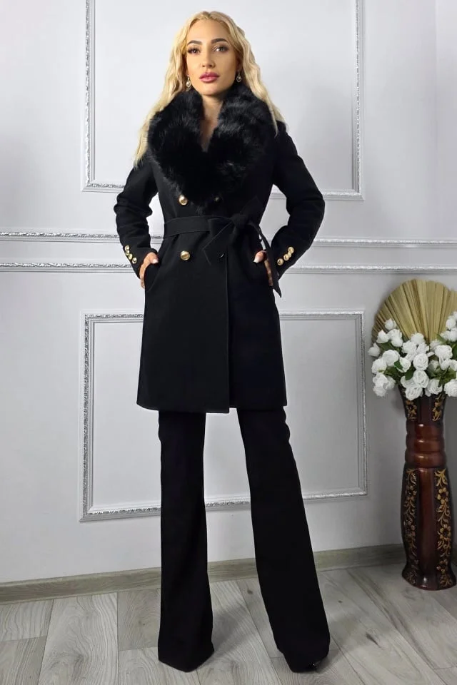 Palton scurt cu lana, simetric EVoria, guler din blana si cordon, Negru