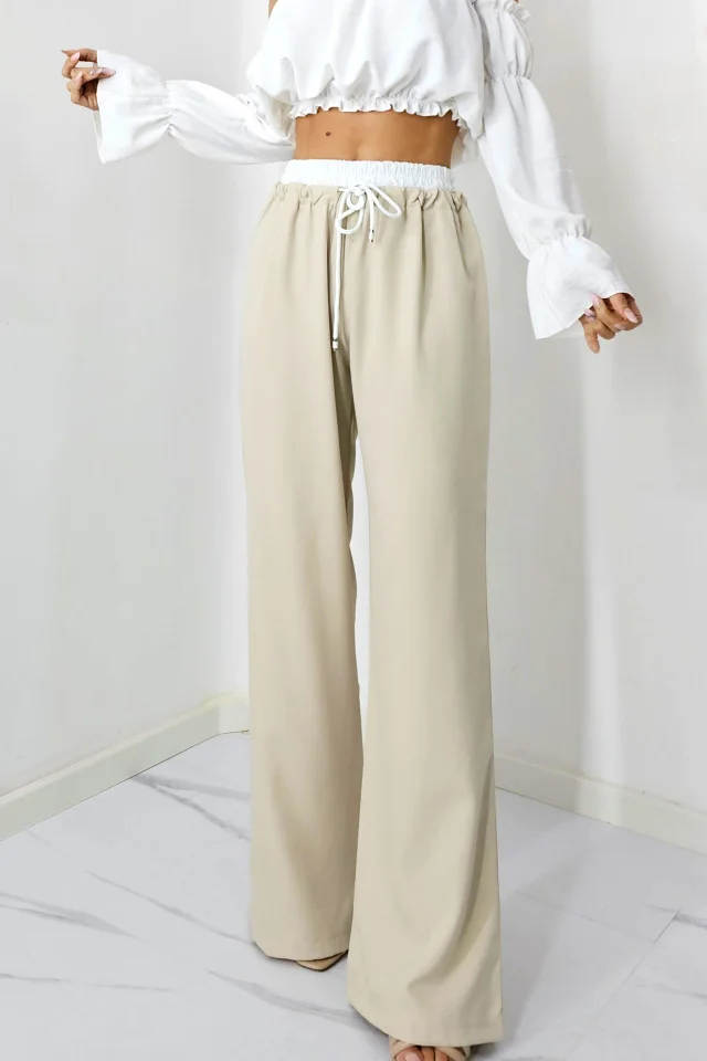Pantaloni casual ALEF, croiala wide leg si snur in talie, Crem, Masura S/M/L