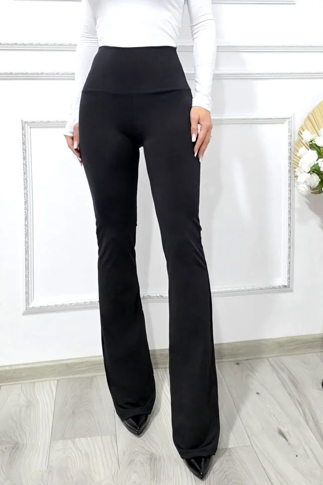 Pantaloni casual evazati OLA BE, cu emblema si banda modelatoare, NEGRU