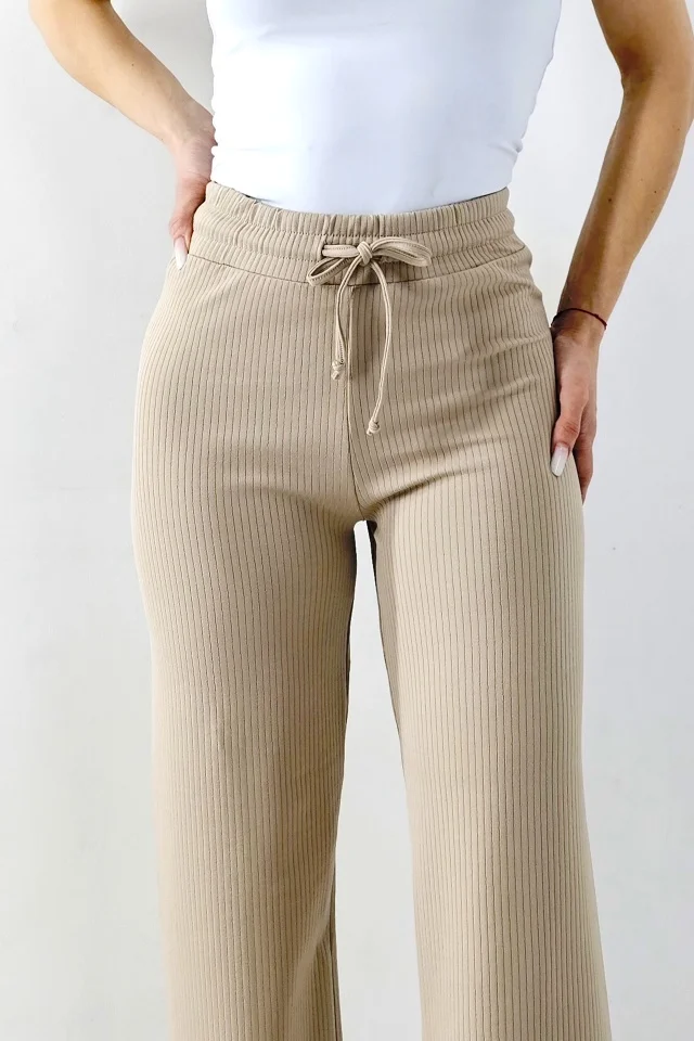 Pantaloni casual JANG, material texturat si snur in talie, Crem