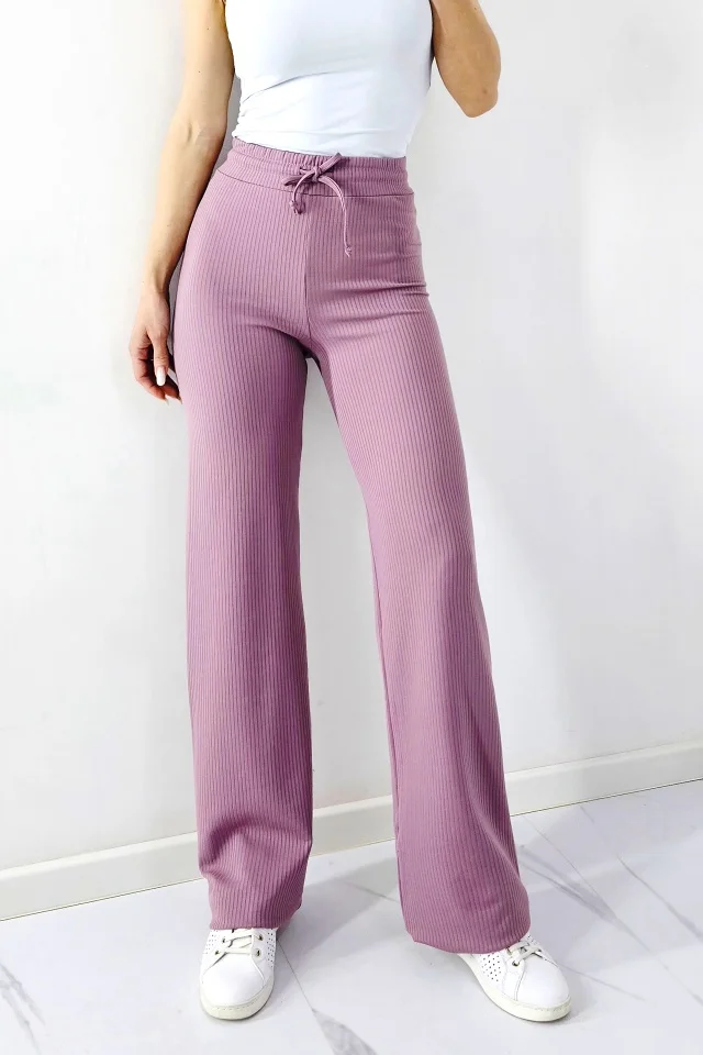 Pantaloni casual JANG, textura cu nervuri si snur in talie, Roz