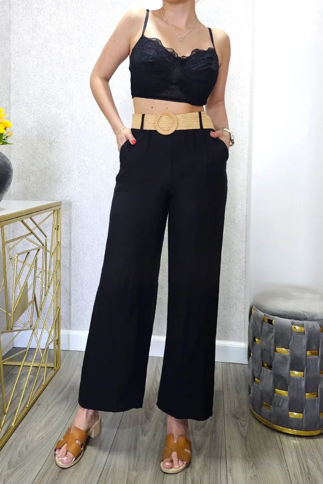 Pantaloni casual SAFYA, material vaporos si curea inclusa, Negru, Marime S/M