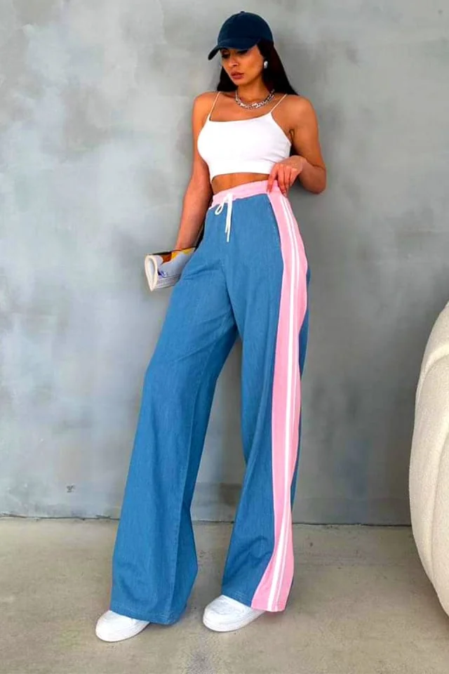 Pantaloni de trening Morelos, cu denim, snur in talie si croi large, Albastru/Roz