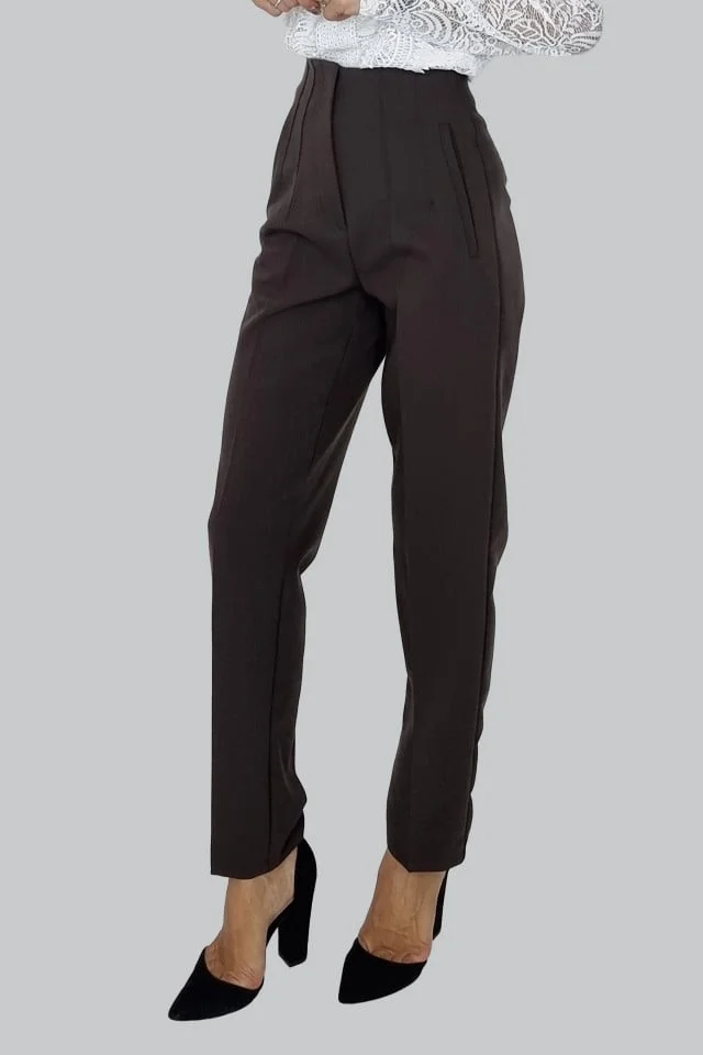 Pantaloni eleganti, ChicMe, cu talie inalta, Maro