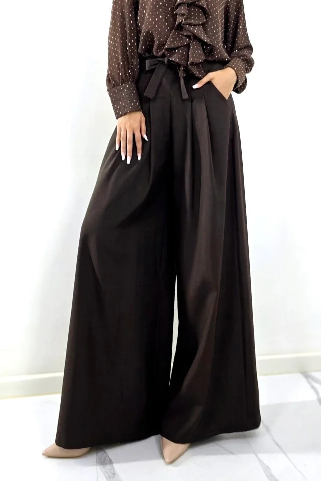 Pantaloni eleganti de dama HARRU wide leg, cu legare funda, MARO, Marime S/M/L